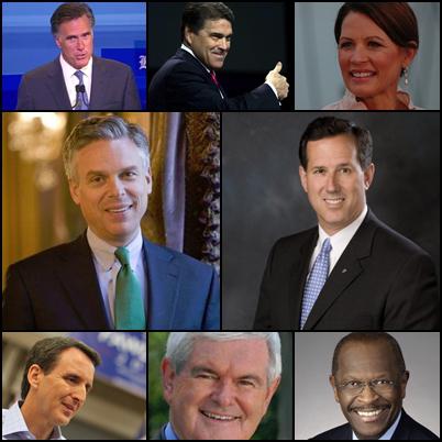 Romney, Perry, Bachmann, Huntsman Jr., Santorum, Pawlenty, Gingrich, Cain