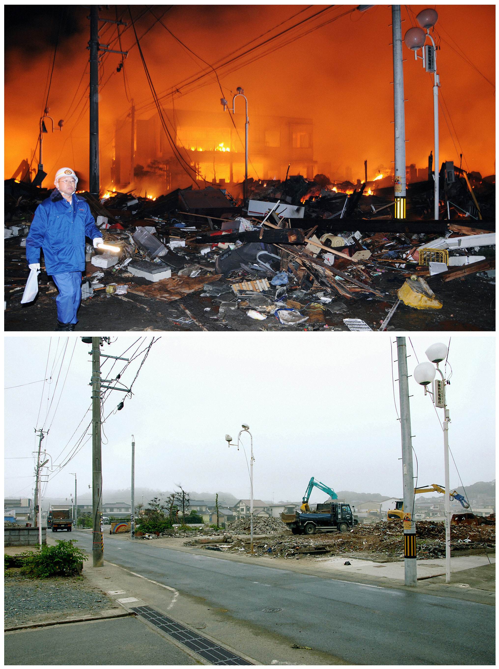 In poza de mai jos sunt comparate doua cadre din orasul Iwaki, Prefectura Fukushima. Prima fotografie cu orasul in flacari a fost facuta pe 11 Martie, chiar in ziua in care s-a produs tsunamiul devastator, iar cea de-a doua poza este facuta pe 1 septembrie.