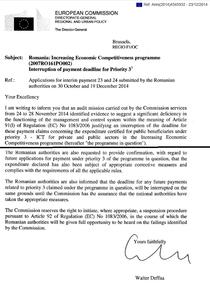 Scrisoarea Comisiei Europene privind intreruperea platilor pentru Romania pe axa III a POS CCE (fragment)