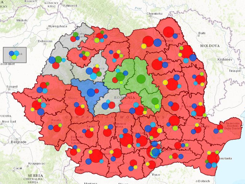 Harta Romaniei Politice - dupa distribuirea mandatelor parlamentare