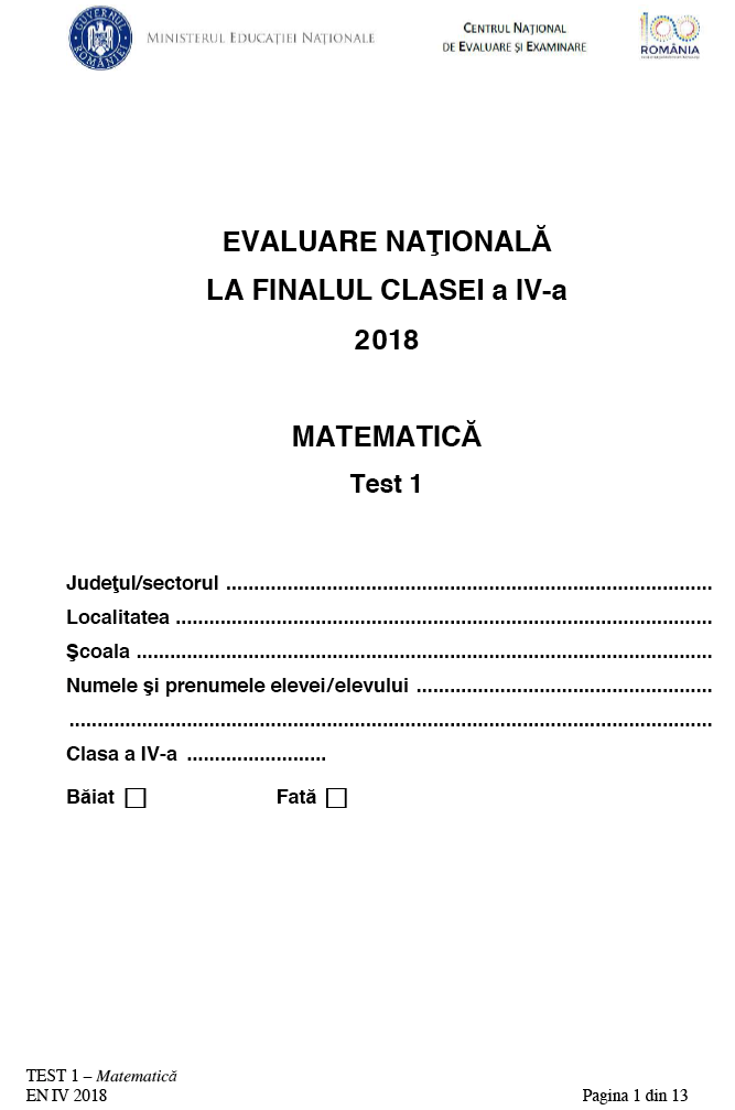 Evaluare Nationala 2018 Matematica Clasa 4