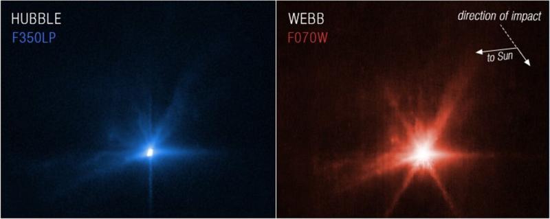 Impactul dintre DART si Dimorphos, vazut de Webb si Hubble