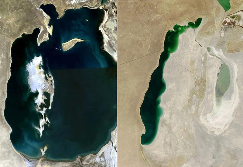 Marea Aral în 2008 (stânga) și în 2013 (dreapta)