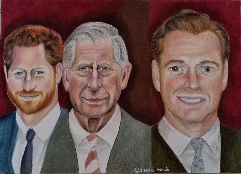 Prințul Harry, regele Charles și James Hewitt într-o schiță realizată de  Simone Malik