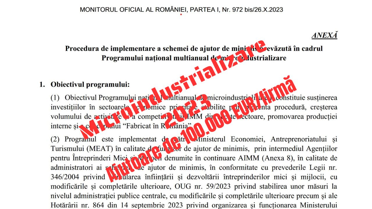 ​Ajutoare IMM 2023: Primul venit-primul servit. Procedura oficială Microindustrializare, finanțări de max. 500.000 lei pe firmă. Lista domeniilor CAEN eligibile