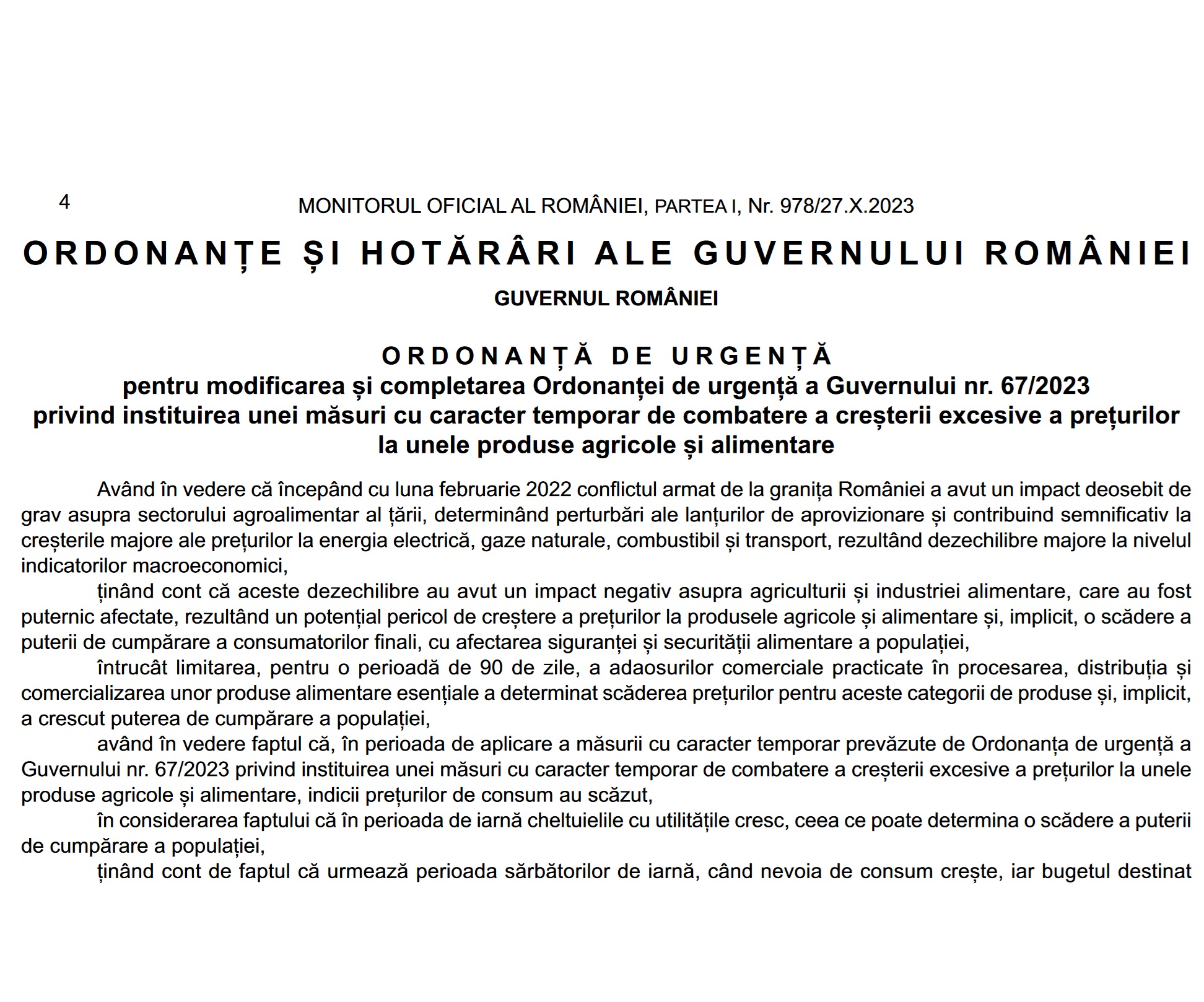 ​Plafonarea adaosului comercial la alimente: OUG 89/2023, de extindere a listei de produse, publicată în Monitorul Oficial