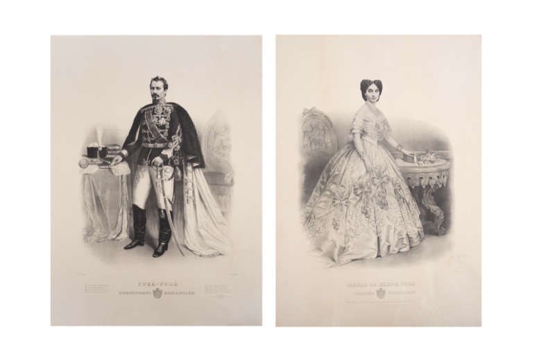 Lot format din două mari litografii, ”Măria sa Elena și Domnitorul Alexandru Ioan Cuza”, editate de George Sion, Viena, 1909, piese foarte rare (celălalt al doilea exemplar cunoscut în patrimoniul MNIR), de colecție