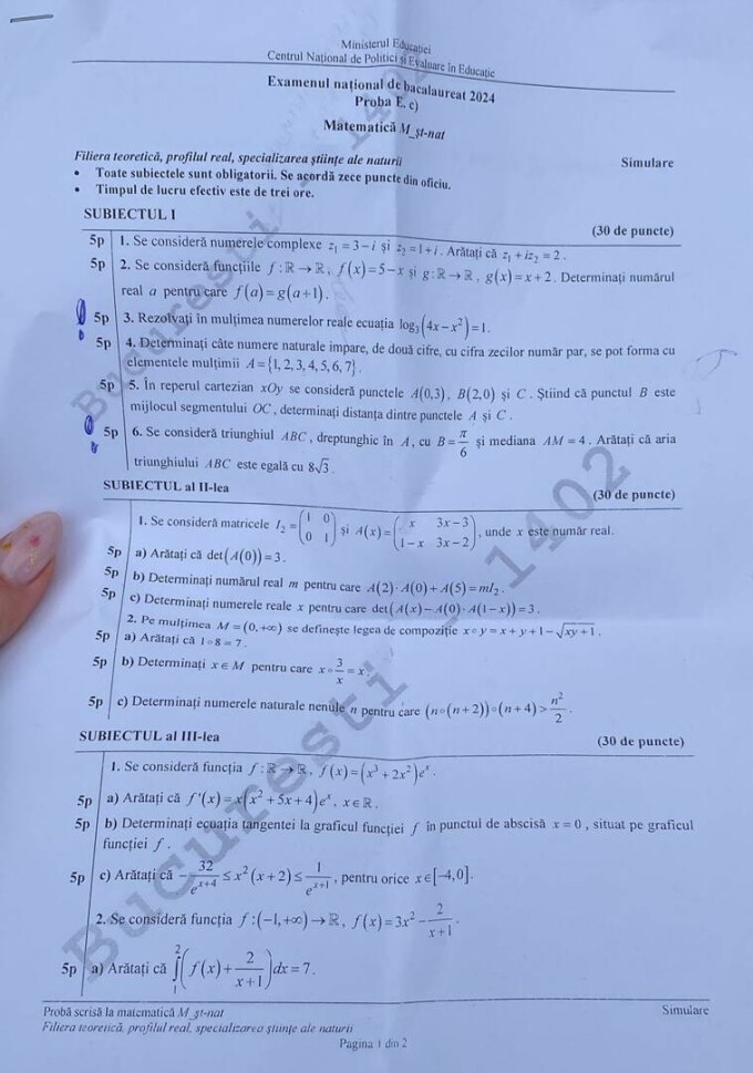 Simulare BAC 2025. Subiecte la matematică și baremul la simularea