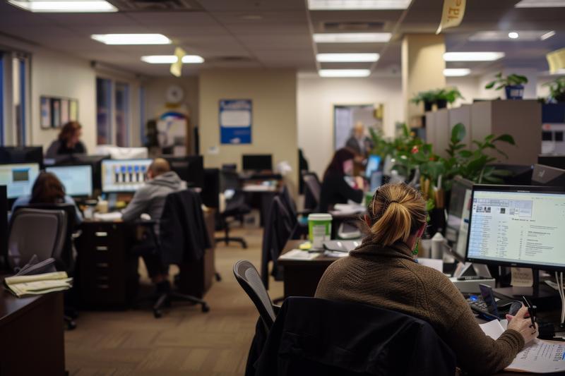 Femeie lucrând la calculator într-un birou