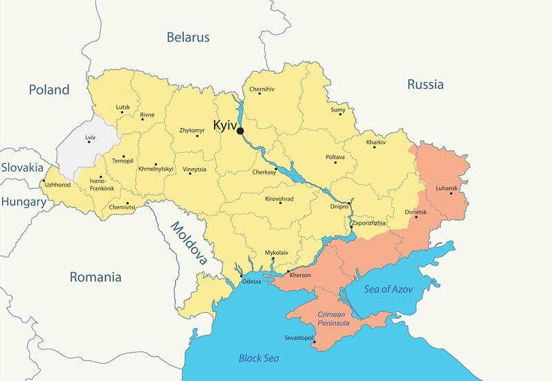 Harta Ucrainei, cu teritoriile ocupate de ruși, Donbas și Crimeea. In vest, cu gri, raionul Lviv