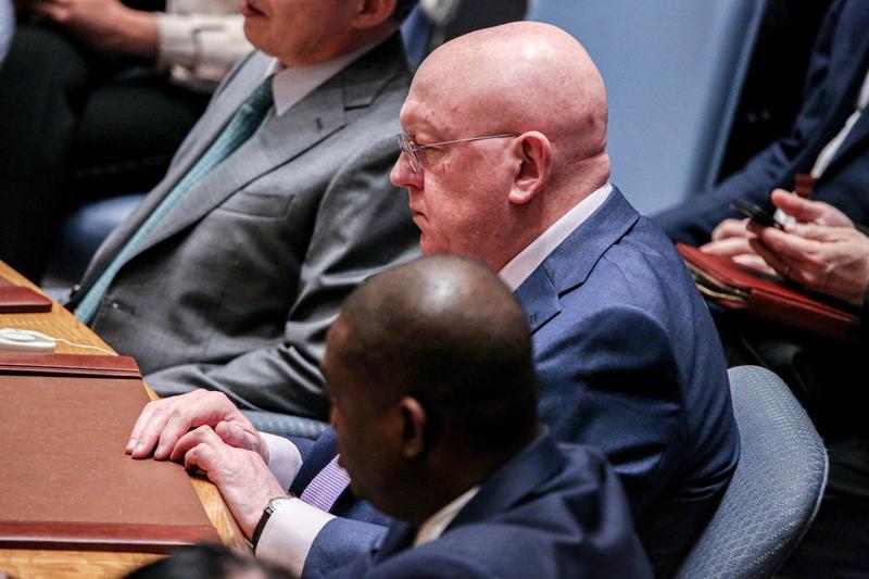 Ambasadorul permanent al Rusiei la ONU, Vassili Nebenzia, în timpul unei reuniuni a Consiliului de Securitate privind Ucraina, pe 14 mai 2024, la New York, SUA.