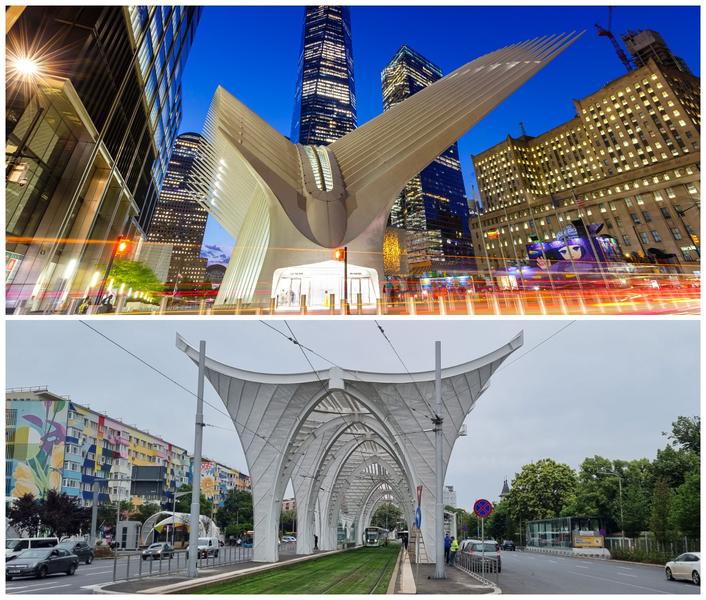 Cele două construcții, Oculus din New York, realizat de Calatrava și copia din București, unde primăria a spus că s-a inspirat din Calatrava.