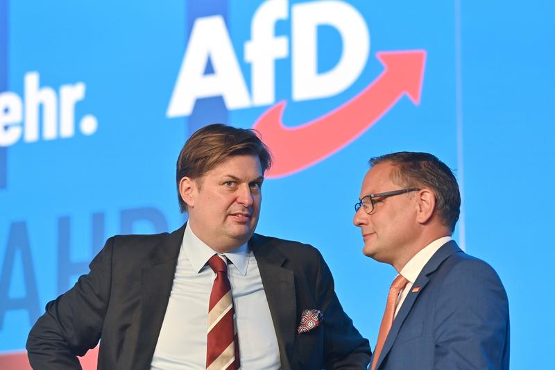 Candidatul AfD Maximilian Krah (stânga) și purtătorul de cuvânt al partidului, Tino Chrupalla