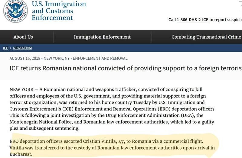 Comunicatul Serviciului Vamal și de Imigrare al SUA (ICE)
