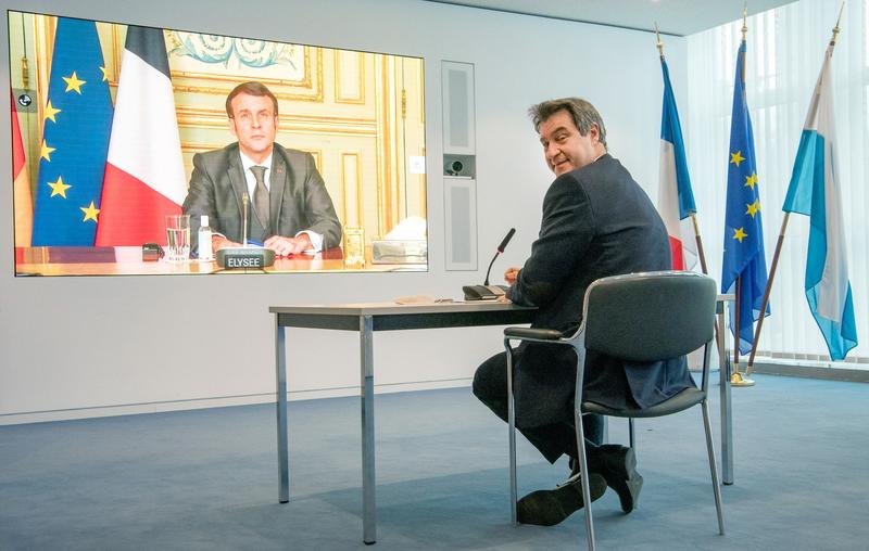 Markus Soder in timpul unei videoconferinte cu Emmanuel Macron